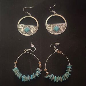 Turquoise Accent Silver and Teal Hoop Earrings - Women Jewelry